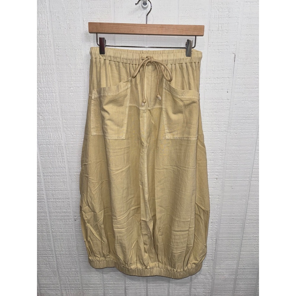 Miou Muse Balloon Skirt Womens Tan Yellow Cotton Drawstring Bubble Midi Small